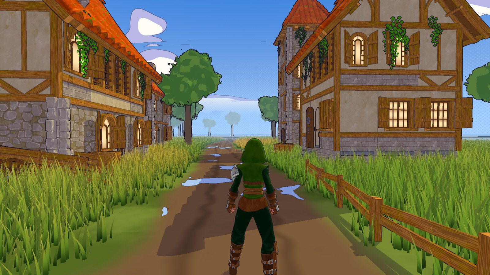 A hooded ranger in green stands on a dirt road between two timber-framed village houses, with tall grass, a wooden fence and a blue sky. The scene has ink outlines and flat cel shading.