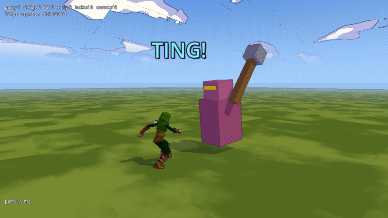 A hooded ranger crouches on a plain green field beside a pink block enemy with a raised hammer. The word TING! floats above them, and counters in the top left read parry 1, dodge 0, hit 0.