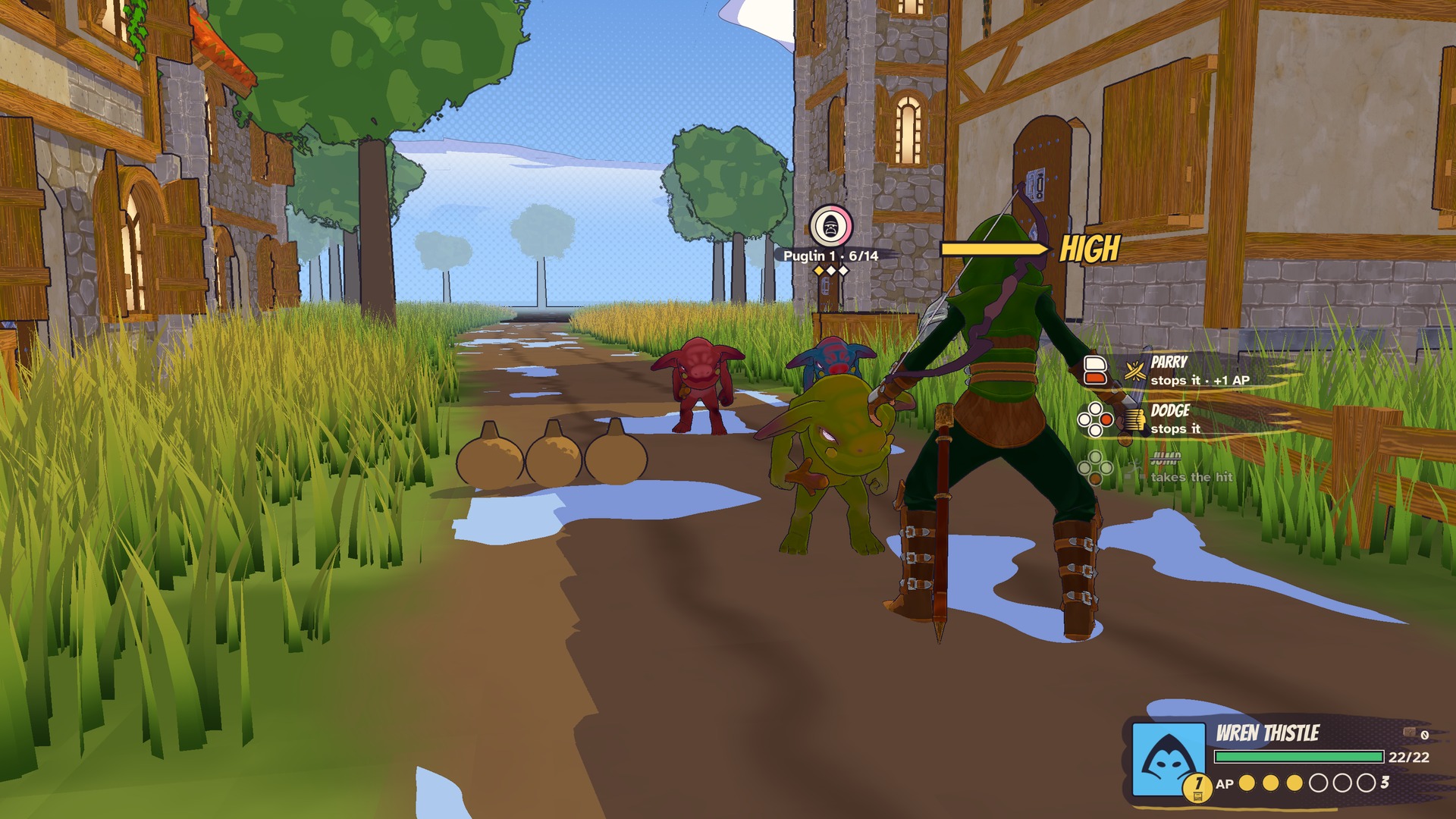 A hooded ranger faces two small enemies on a village road, with parry and dodge prompts on the right and the enemy's high-attack tell and health bar above.